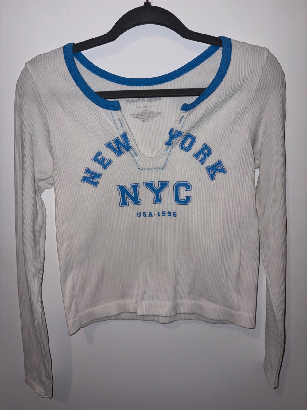 NYC Graphic Long-Sleeve Ribbed Top in White with Blue Trim